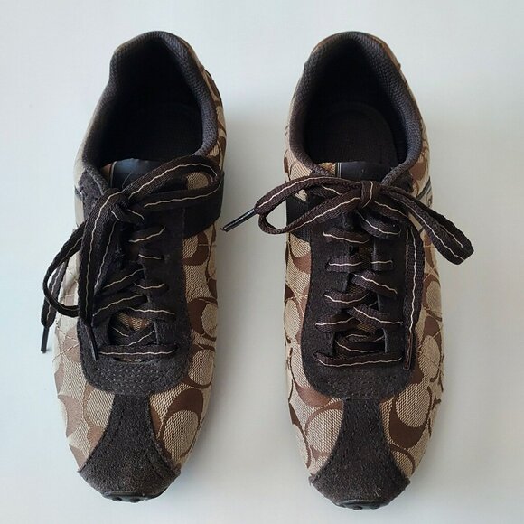 Coach Renata Signature Jacquard Monogram Logo Lace Tie Suede Brown Sneakers - Picture 4 of 5